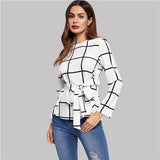 SHEIN Beige Keyhole Back Belted Plaid Top Women 2019 Spring Round Neck Long Sleeve Office Ladies Minimalist Tops and Blouses