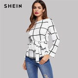 SHEIN Beige Keyhole Back Belted Plaid Top Women 2019 Spring Round Neck Long Sleeve Office Ladies Minimalist Tops and Blouses