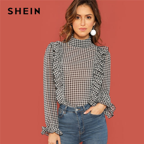 SHEIN Black And White Casual Ruffle Detail Mock-Neck Plaid Long Sleeve Blouse Autumn Office Lady Fashion Women Tops And Blouses