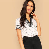 SHEIN Black And White Casual Wave Trim Button Detail Love Print Plaid Blouse Women Summer Going Out V Neck Blouse Ladies Tops