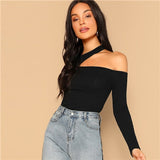 SHEIN Black Asymmetric Cutout Neck Ribbed T-shirt 2019 Women Elegant Spring Plain Long Sleeve Slim Fit Party Tee and Tops