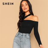 SHEIN Black Asymmetric Cutout Neck Ribbed T-shirt 2019 Women Elegant Spring Plain Long Sleeve Slim Fit Party Tee and Tops
