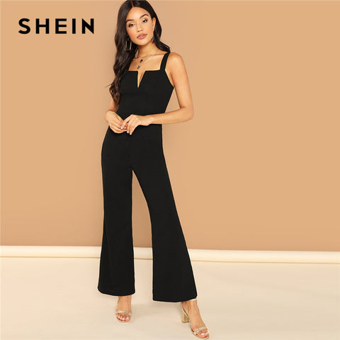 SHEIN Black Casual Backless Solid V Notch Front Flare Leg Mid Waist Sleeveless Jumpsuit 2018 Summer Fashion Sexy Women Jumpsuits