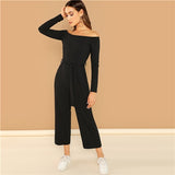 SHEIN Black Casual Off Shoulder Tie Waist Solid Wide Leg Long Sleeve Mid Waist Jumpsuit 2018 Autumn Office Lady Women Jumpsuits