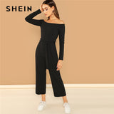 SHEIN Black Casual Off Shoulder Tie Waist Solid Wide Leg Long Sleeve Mid Waist Jumpsuit 2018 Autumn Office Lady Women Jumpsuits