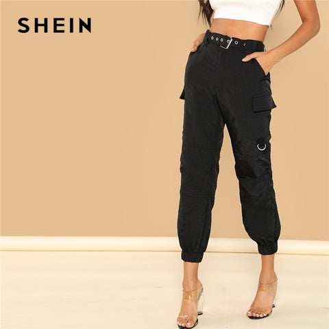 SHEIN Black Casual Solid Pocket Patched Elastic Hem Mid Waist Zipper Fly Pants 2018 Autumn Highstreet Women Sweatpants