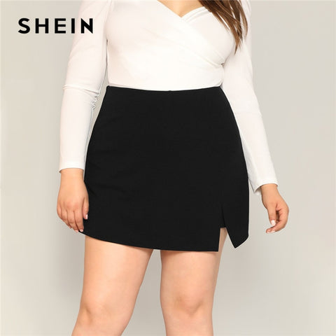 SHEIN Black Casual Split Detail Women Plus Size Shorts Skirts 2019 Summer Zipper Back Mid Waist Shorts