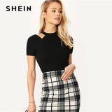 SHEIN Black Choker Neck Cut Out Shoulder Halter Elegant Crop Top Women Summer Stretchy Slim Fit Short Sleeve Tshirt Tops