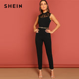 SHEIN Black Constract Lace Bodice Open Back Halter Skinny Mid Waist Sleeveless Jumpsuit Autumn Women Modern Lady Jumpsuits