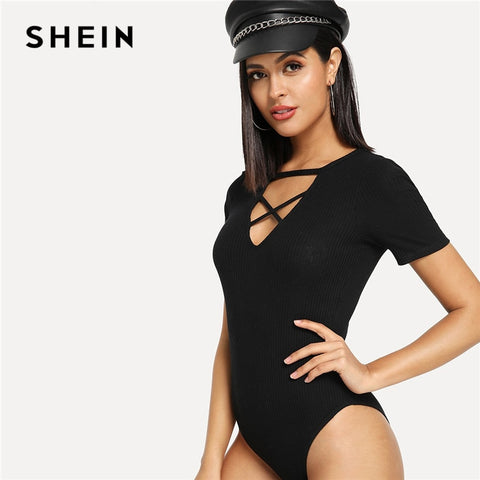 SHEIN Black Crisscross Neck Rib Knit Fitted Bodysuit Elegant Deep V Neck Short Sleeve Women Summer Autumn Elegant Bodysuits