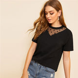 SHEIN Black Dot Mesh Neck Short Sleeve Women Shirts Summer Streetwear Casual Round Neck Short Sleeve Solid T Shirt Mesh Top