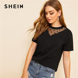 SHEIN Black Dot Mesh Neck Short Sleeve Women Shirts Summer Streetwear Casual Round Neck Short Sleeve Solid T Shirt Mesh Top