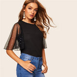 SHEIN Black Elegant Pearls Beaded Lace Mesh Bell Sleeve Women Tops And Blouses Summer Solid Half Sleeve Women Blouses