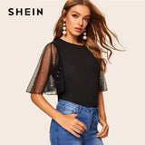 SHEIN Black Elegant Pearls Beaded Lace Mesh Bell Sleeve Women Tops And Blouses Summer Solid Half Sleeve Women Blouses