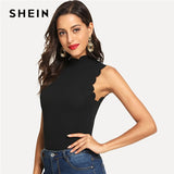 SHEIN Black Elegant Solid Button Scallop Trim Keyhole Back Stand Collar Tank Summer Women Sexy Casual Vest