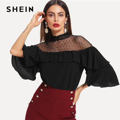 SHEIN Black Elegant Stand Collar Dot Mesh Insert Keyhole Back Flounce Sleeve Blouse Spring Fall Women Workwear Casual Shirt Top