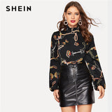 SHEIN Black Frilled Stand Collar Chain Print Top Lantern Sleeve Workwear Blouse Women 2019 Spring Office Lady Tops and Blouses