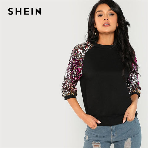 SHEIN Black Highstreet Sequin Colorblock 3/4 Length Raglan Sleeve Streetwear Sweatshirt 2018 Autumn Casual Women Sweatshirts