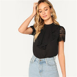 SHEIN Black Jabot Collar Guipure Lace Short Sleeve Top Blouse Women Office Lady Summer Solid Keyhole Back Elegant Blouses