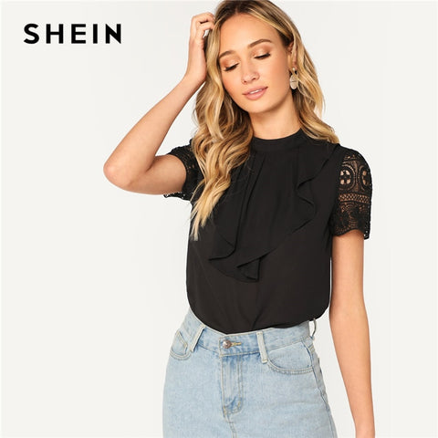 SHEIN Black Jabot Collar Guipure Lace Short Sleeve Top Blouse Women Office Lady Summer Solid Keyhole Back Elegant Blouses