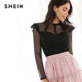 SHEIN Black Keyhole Back Dot Mesh Yoke Sweetheart Top Plain Blouse Women Spring Elegant Glamorous Stand Collar Blouses