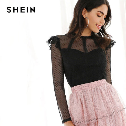 SHEIN Black Keyhole Back Dot Mesh Yoke Sweetheart Top Plain Blouse Women Spring Elegant Glamorous Stand Collar Blouses
