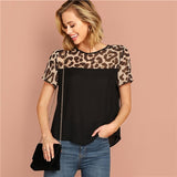 SHEIN Black Keyhole Back Leopard Yoke Top Round Neck Short Sleeve Modern Lady Summer Blouse Women 2019 Streetwear Casual Blouses