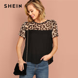 SHEIN Black Keyhole Back Leopard Yoke Top Round Neck Short Sleeve Modern Lady Summer Blouse Women 2019 Streetwear Casual Blouses