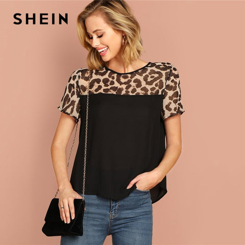 SHEIN Black Keyhole Back Leopard Yoke Top Round Neck Short Sleeve Modern Lady Summer Blouse Women 2019 Streetwear Casual Blouses
