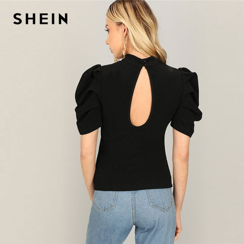 SHEIN Black Ladies Puff Sleeve Cutout Back Tshirt Elegant Women Highstreet Stand Collar Short Sleeve 2019 Spring Tees