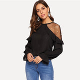 SHEIN Black Mesh With Pearl Detail Ruffle Trim Top Ruffled Long Sleeve Round Neck Women Blouses Modern Lady Mesh Lace Tops