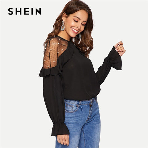SHEIN Black Mesh With Pearl Detail Ruffle Trim Top Ruffled Long Sleeve Round Neck Women Blouses Modern Lady Mesh Lace Tops