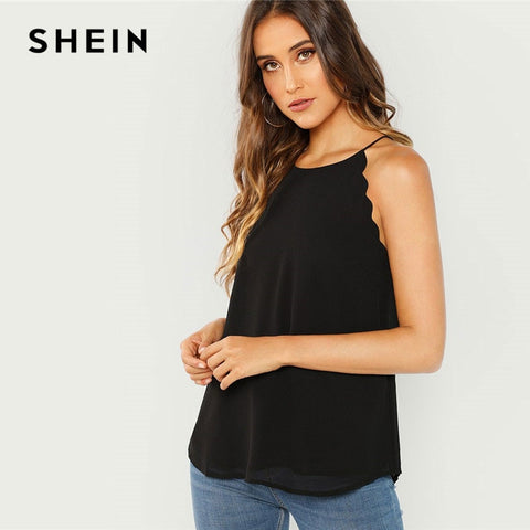 SHEIN Black Modern Lady Weekend Casual Scallop Trim Keyhole Back Top 2019 Summer Women Highstreet Fashion Top Vest Halter Top