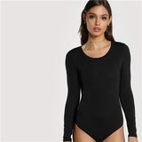SHEIN Black Office Lady Casual Scoop Neck Long Sleeve Mid Waist Skinny Solid Bodysuit 2018 Autumn Workwear Women Bodysuits