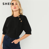 SHEIN Black Office Lady Elegant Button Front Raglan Sleeve Solid Minimalist Blouse 2018 Autumn Casual Women Tops And Blouses