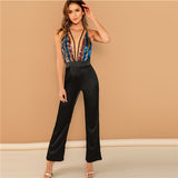 SHEIN Black Plunging Neck Deep V Neck Contrast Sequin Halter Backless Striped Jumpsuit Highstreet Women Autumn Elegant Jumpsuits