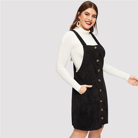 SHEIN Black Plus Size Thick Strap Button Up Cord Overall Short Dress Women Spring Casual Regular Fit H Line Sleeveless Dresses