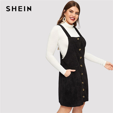 SHEIN Black Plus Size Thick Strap Button Up Cord Overall Short Dress Women Spring Casual Regular Fit H Line Sleeveless Dresses