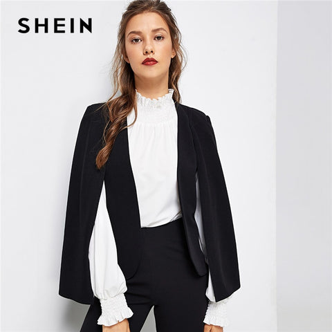 SHEIN Black Poncho Office Lady Streetwear Cloak Open Front Blazer 2018 Autumn Elegant Modern Lady Workwear Women Coats Outerwear