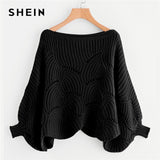 SHEIN Black Preppy Solid Oversized Eyelet Detail Scallop Trim Batwing Sleeve Boat Neck Sweater 2018 Autumn Casual Women Sweaters