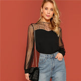 SHEIN Black Sheer Contrast Mesh Yoke Sweetheart Neck Round Neck Top Women Spring Elegant Autumn Casual Plain Tops and Blouses