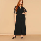 SHEIN Black Women Applique Half Mesh Sleeve Palazzo Plus Size Wide Leg Jumpsuits 2019 Spring Elegant Office Lady Loose Jumpsuit