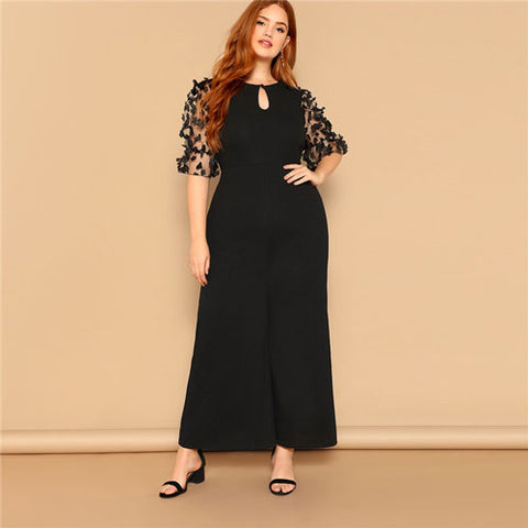 SHEIN Black Women Applique Half Mesh Sleeve Palazzo Plus Size Wide Leg Jumpsuits 2019 Spring Elegant Office Lady Loose Jumpsuit