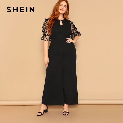 SHEIN Black Women Applique Half Mesh Sleeve Palazzo Plus Size Wide Leg Jumpsuits 2019 Spring Elegant Office Lady Loose Jumpsuit
