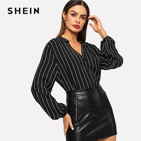 SHEIN Black and White Office Lady V-Cut Floral Print Striped Pullovers Long Sleeve Top Autumn Workwear Women Tops And Blouses