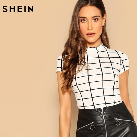 SHEIN Black and White Plaid Peplum Stand Collar Belted Top Gingham Pullovers Summer Casual Women Tshirt And Short Sleeve tops