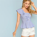 SHEIN Blue Exaggerate Ruffle Trim Peplum Striped Blouse 2019 Summer One Shoulder Going Out Elegant Womens Tops And Blouses