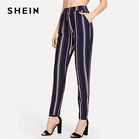 SHEIN Blue Minimalist Office Lady Elastic Waist Pinstripe Cigarette Highstreet 2018 Autumn Pants Women Workwear Casual Trousers