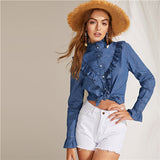 SHEIN Blue Ruffle Trim Frilled Denim High Neck Long Sleeve Shirt Blouse Women Spring 2019 Buttoned Solid Elegant Boho Blouses