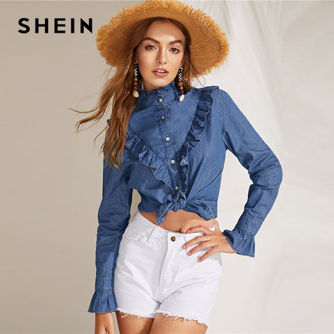SHEIN Blue Ruffle Trim Frilled Denim High Neck Long Sleeve Shirt Blouse Women Spring 2019 Buttoned Solid Elegant Boho Blouses